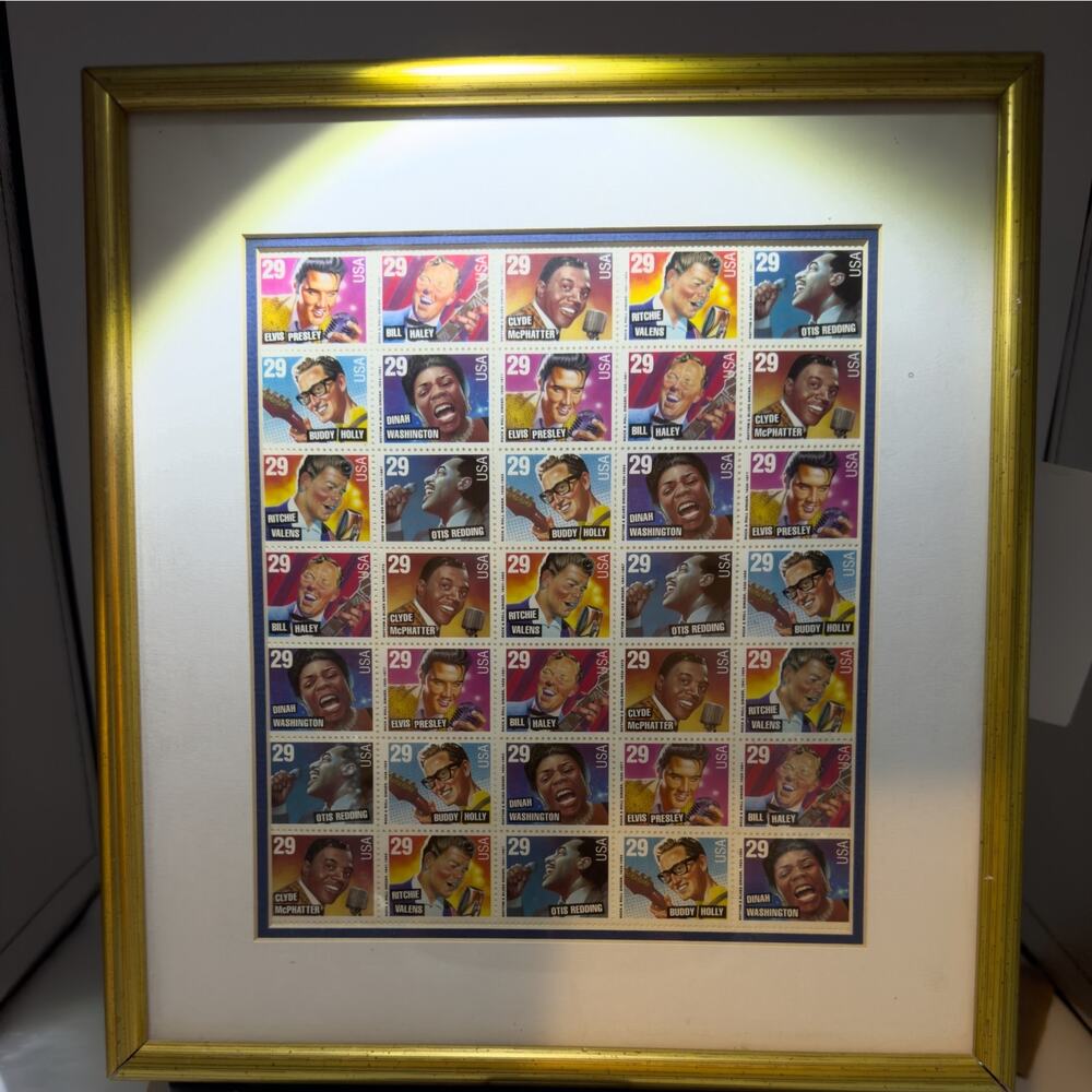 Framed USPS Rock Legends Stamp Sheet Elvis Buddy Holly Display
